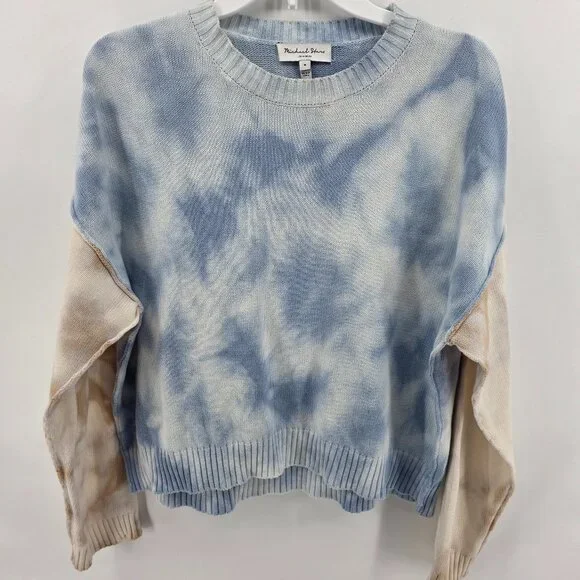 Michael Stars Blue Tan Tie Dye Cotton Sweater – Size M Colorblock Crop Pullover - Picture 1 of 8